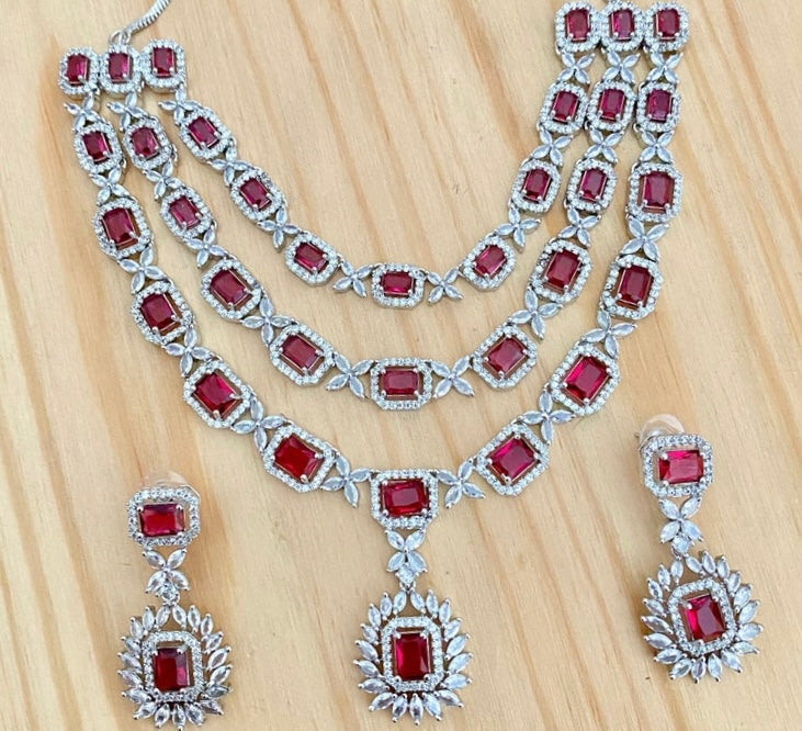 Triple Layered Celebrity Style American Diamond Bridal Jewellery Set, Exclusively designed for engagement and weddings