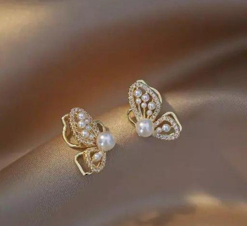 Golden Half Butterfly Pearl Earrings