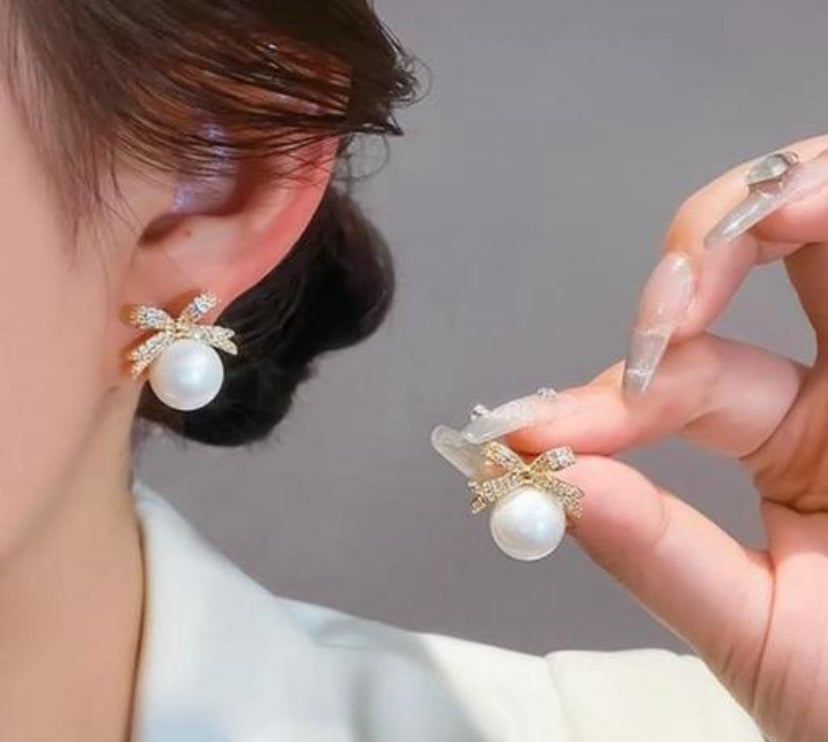 Pearl and Bow Korean Earrings