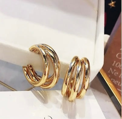 Celebrity Style Golden Triple Layered Half Hoops