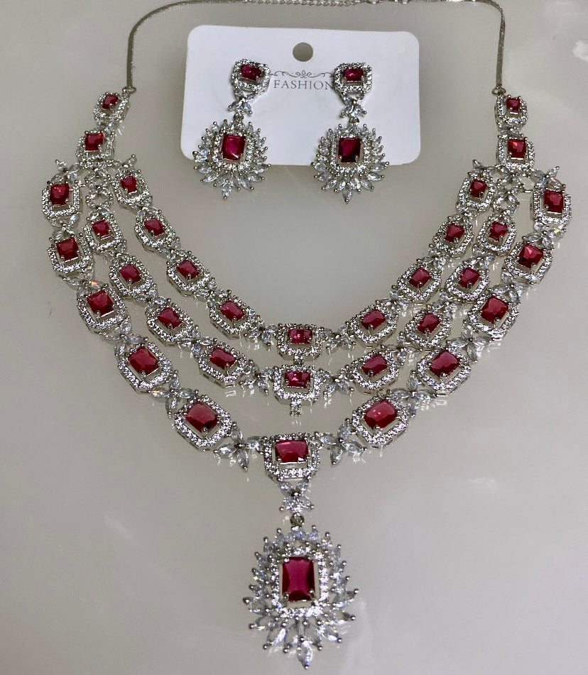 Triple Layered Celebrity Style  American Diamond Bridal Jewellery Set, Exclusively designed for engagement and weddings