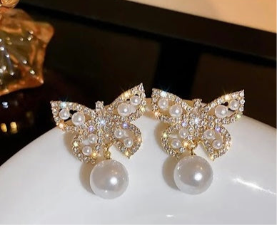 Butterfly Earrings Studded With Pearls