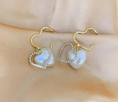 Dual Pearl Heart Drop Earrings