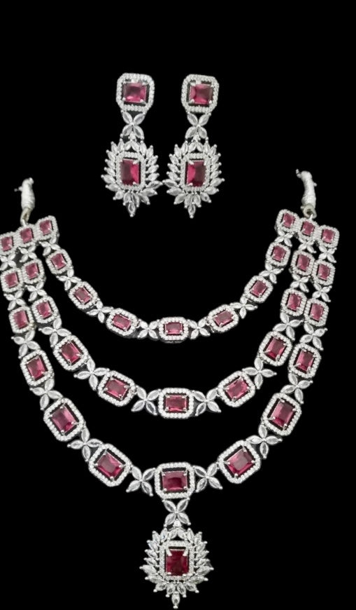 Triple Layered Celebrity Style  American Diamond Bridal Jewellery Set, Exclusively designed for engagement and weddings