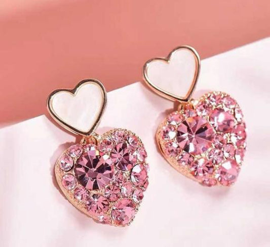 Pink Heart Shaped Rhinestone Earrings