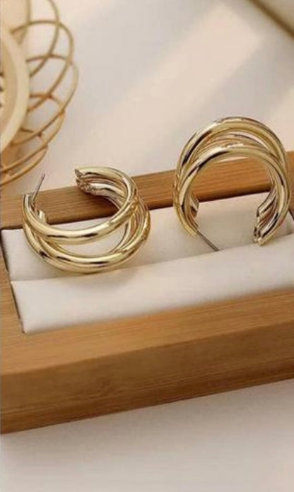 Celebrity Style Golden Triple Layered Half Hoops