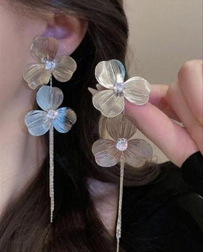 Silver Double Flower Shaped Designer Earrings