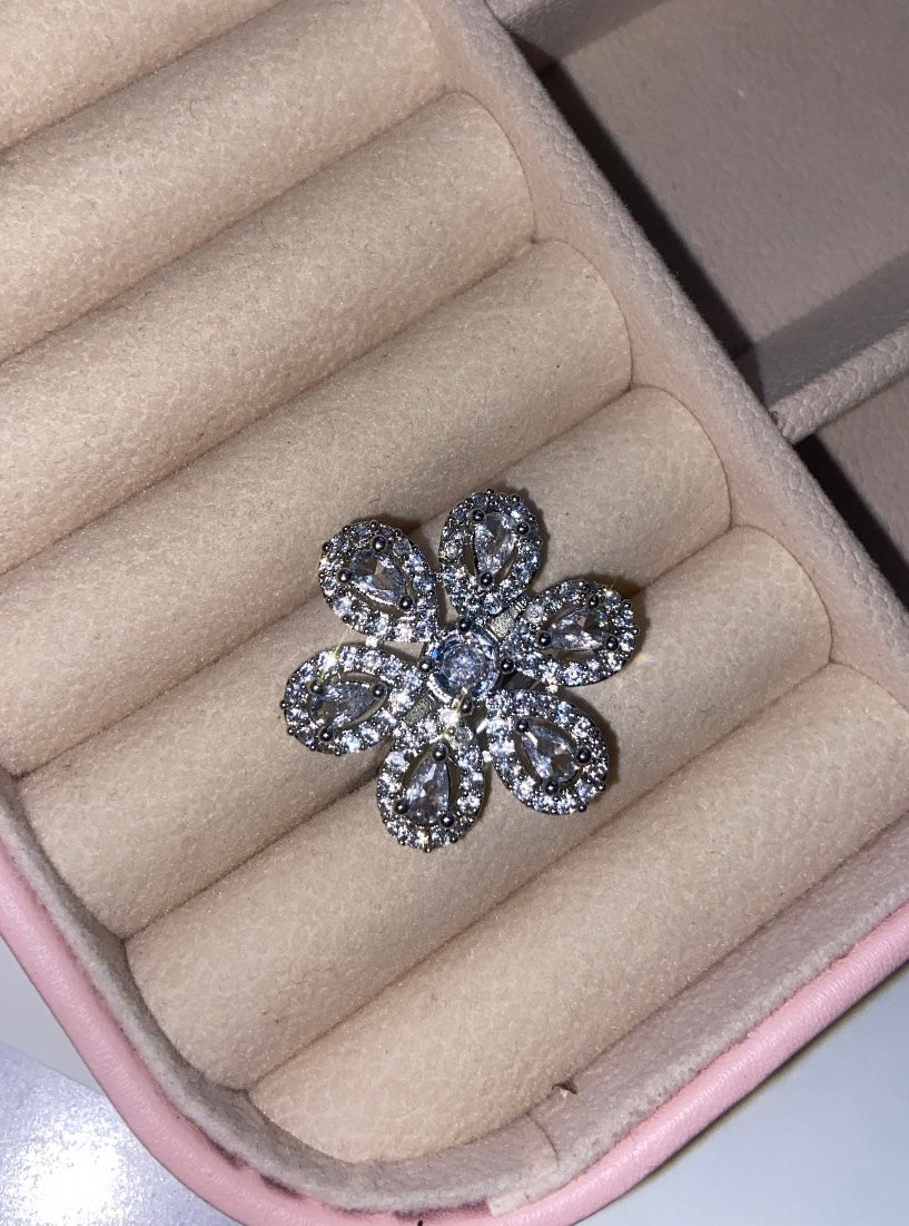 Premium Quality American Diamond Flower Shaped Adjustable Cocktail Ring (Design #5)