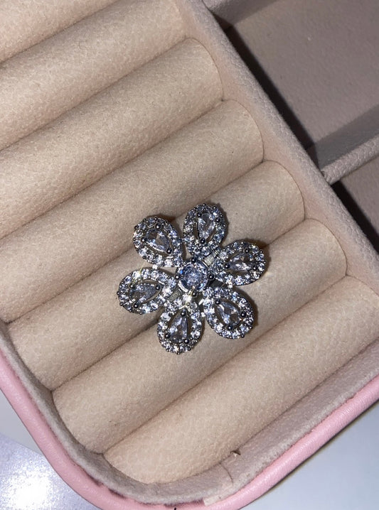 Premium Quality American Diamond Flower Shaped Adjustable Cocktail Ring (Design #5)