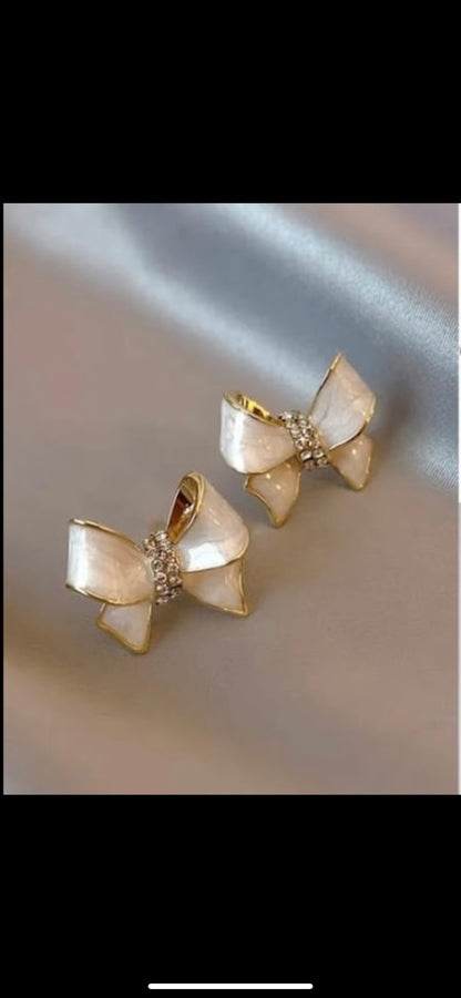 White and golden ribbon/bow earrings (Under ₹199 Deal)