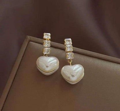 Exquisite Pearl Heart Earrings Studded with American Diamonds