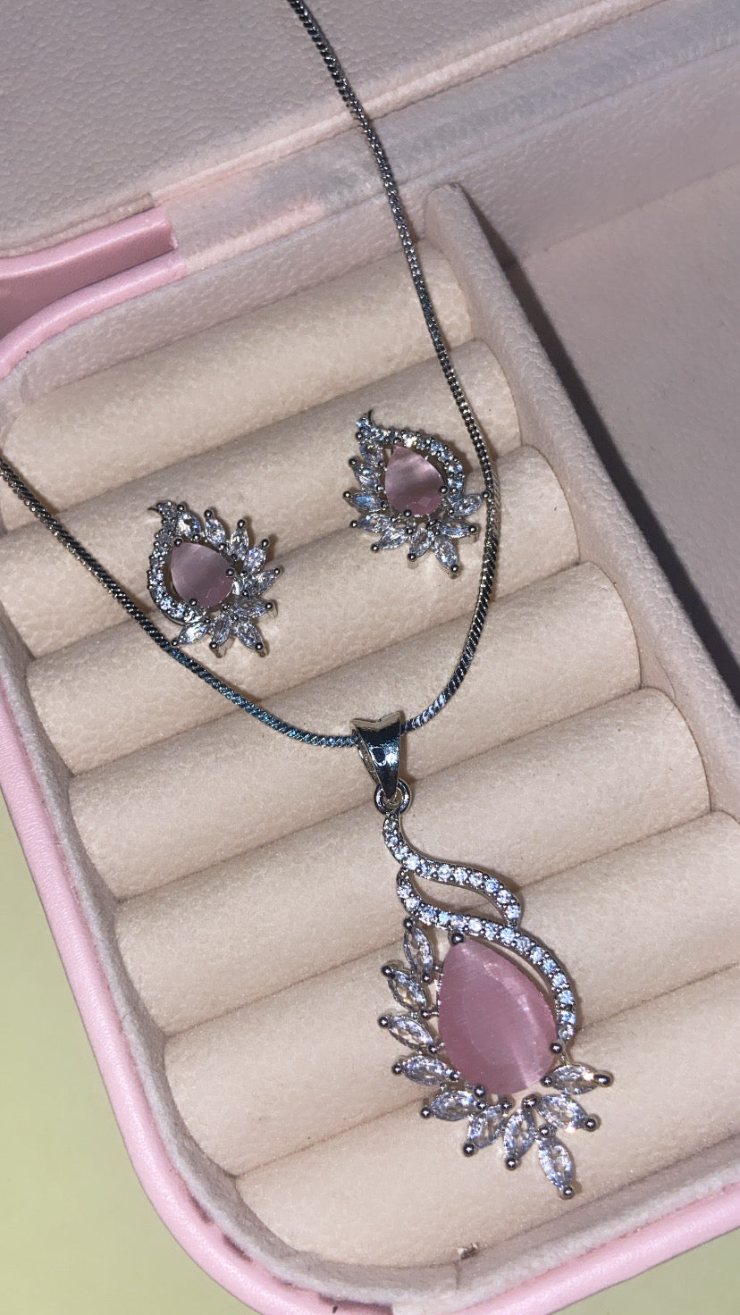 Minimalistic Pink Pendant Set Studded with American Diamonds