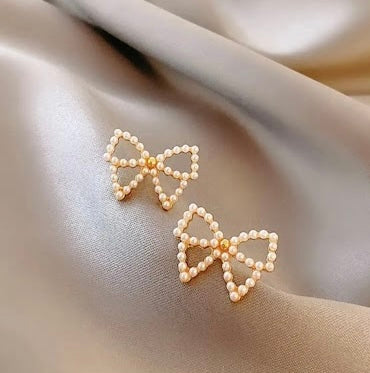 Pearl Bow Ribbon Korean Earrings