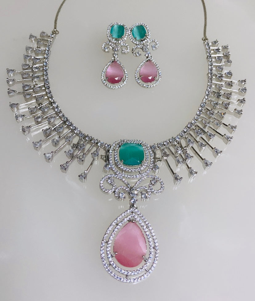 Exquisite Mint Green And Pink Designer Jewellery Set (Limited Edition)