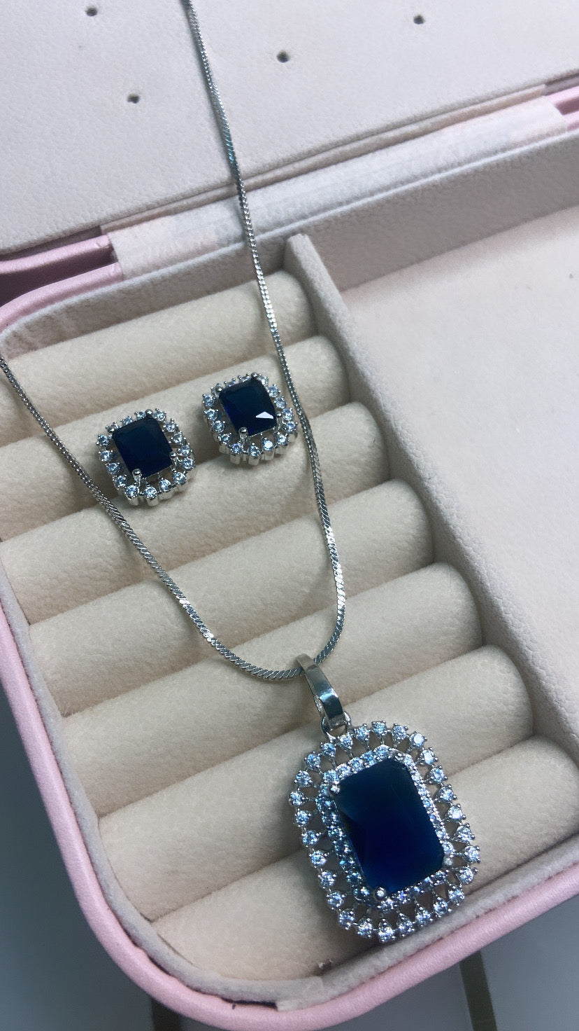 Royal Blue Pendant Set studded with American Diamonds