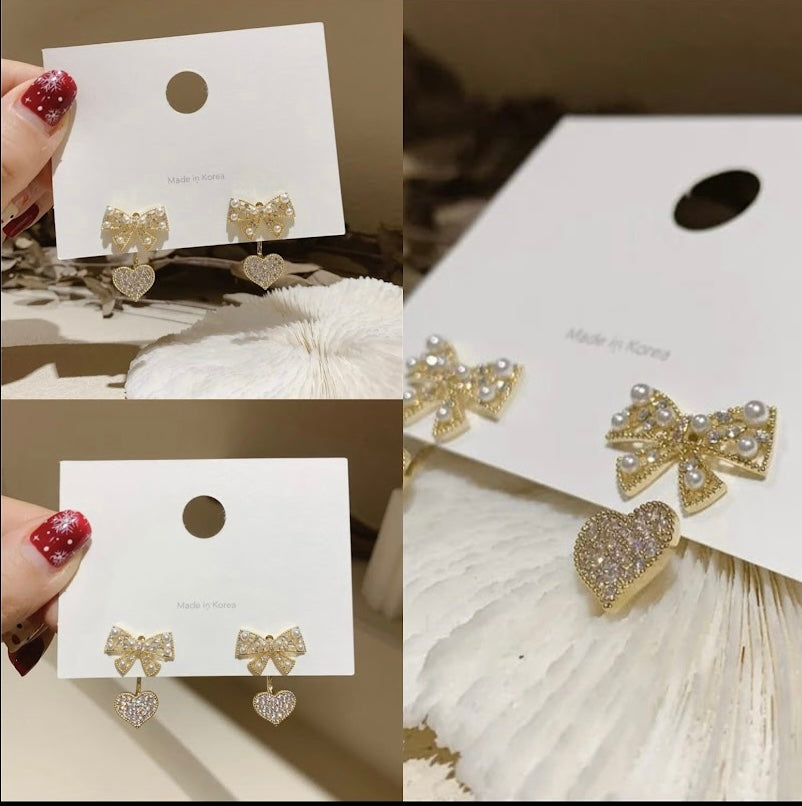 Korean bow and heart shaped earrings (Two wear type)