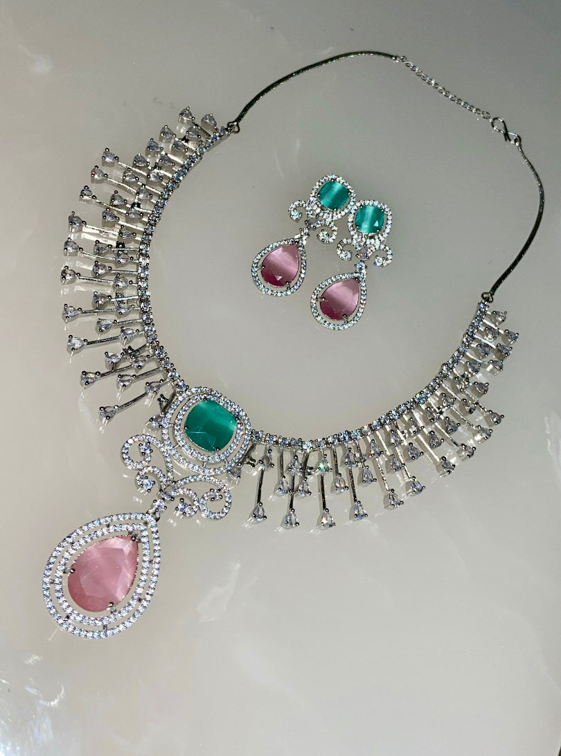 Exquisite Mint Green And Pink Designer Jewellery Set (Limited Edition)