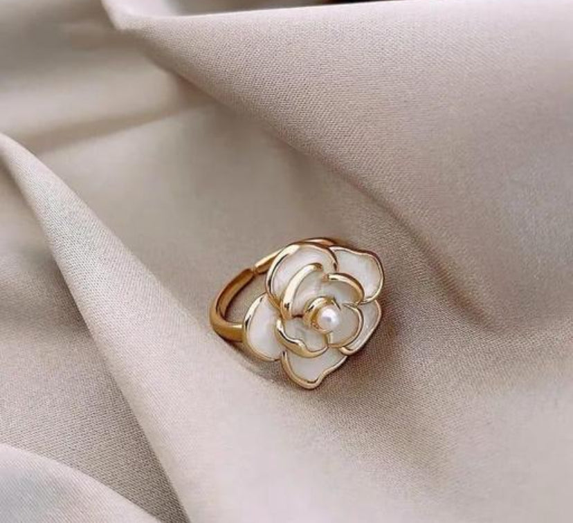 Stunning Camellia Flower Pearl Ring