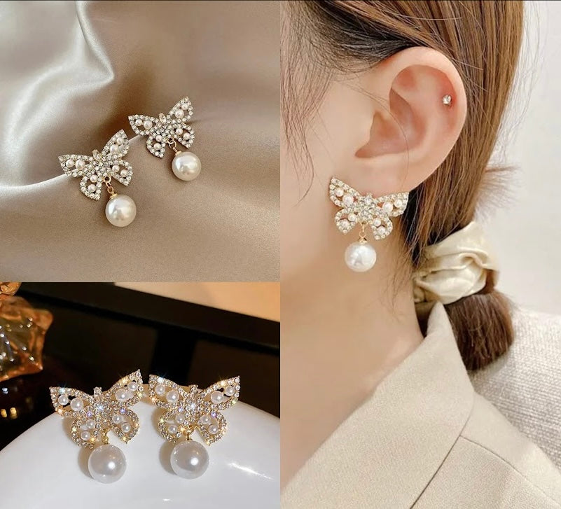 Butterfly Earrings Studded With Pearls